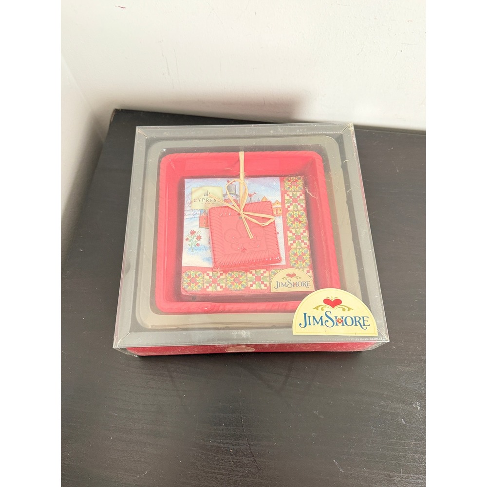 Jim Shore Cypress Home Red Ceramic Napkin Holder Set Holiday Snowman Fleur DeLis